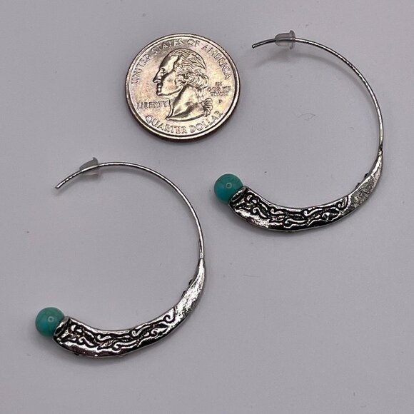 Large Silver Tone Feather Spiral Earrings in Turquoise Blue #1314 - Picture 6 of 8